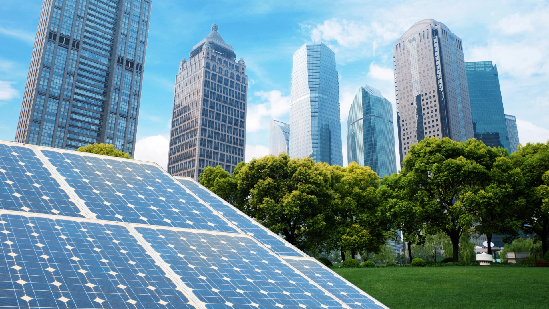 Businesses in a city scape with solar energy Consumer energy Solutions