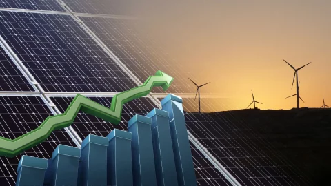 Solar panels and wind turbines with increase graph