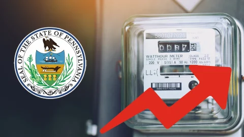 A digital graphic features bold, white, capitalized text reading "PENNSYLVANIA ENERGY PRICES ON THE RISE" on a dark blue background. On the left side is the Pennsylvania state flag with its coat of arms, and on the right is a close-up of a gray electricity meter. An orange zigzag arrow rises behind the meter, symbolizing increasing energy costs.